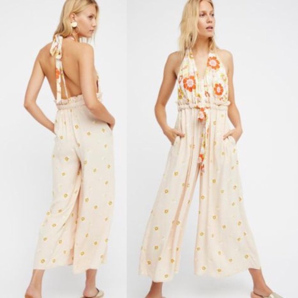 Free People Floral Halter Jumpsuit in Cream and Orange